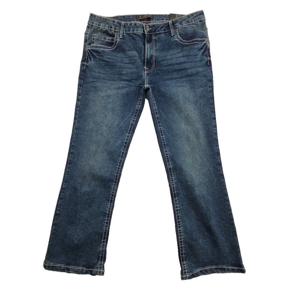 Indigo Skins Bootcut‎ Jeans Men's 36x30 Contrast Stitch Flap Pkt Embroidery NWT